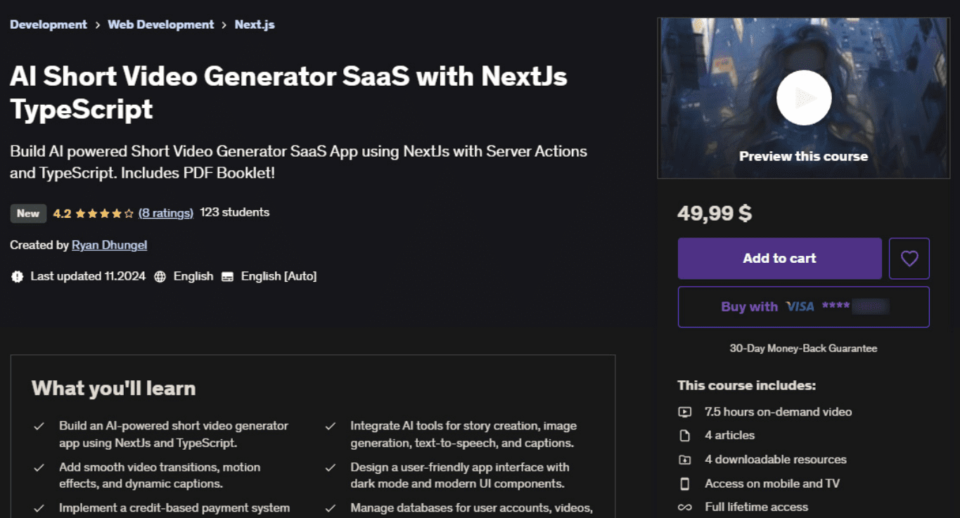 [Udemy] ИИ генератор коротких видеороликов SaaS с NextJs TypeScript (2025)